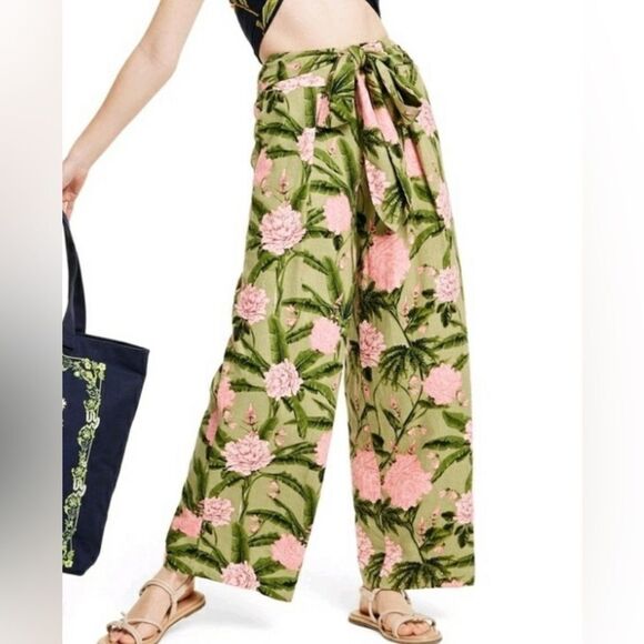 Agua Bendita Peony Floral Pants Size 1X NWT Green Pink - Picture 2 of 9